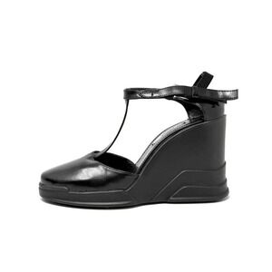 Prada‎ Black Wedge Sandals T Strap Leather Heels 37.5